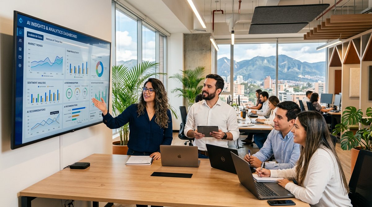 Automatización con IA para PyMEs en Bogotá: Moderno espacio de trabajo con colaboración y dashboards de IA.
