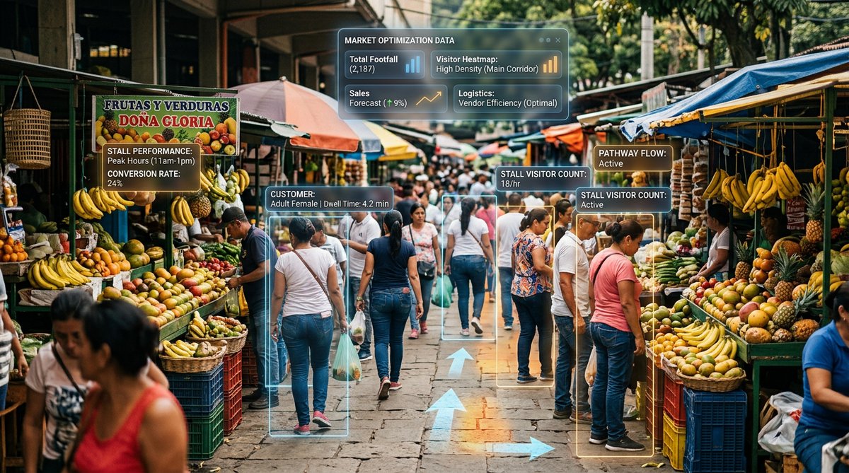 Soluciones IA para retail Colombia: Mercado vibrante optimizado con análisis IA de flujo de clientes.