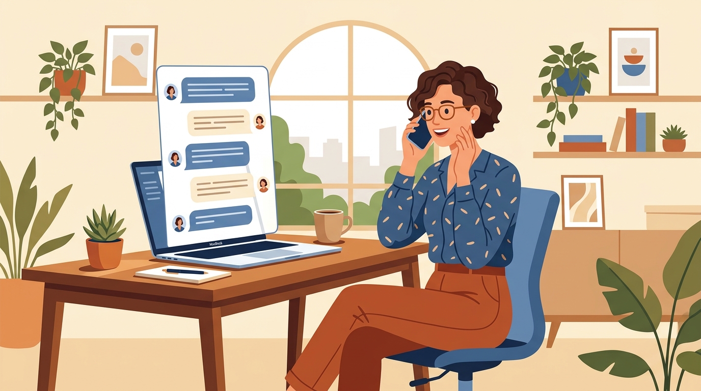 Small business owner on a phone call with a live transcript appearing on a laptop screen