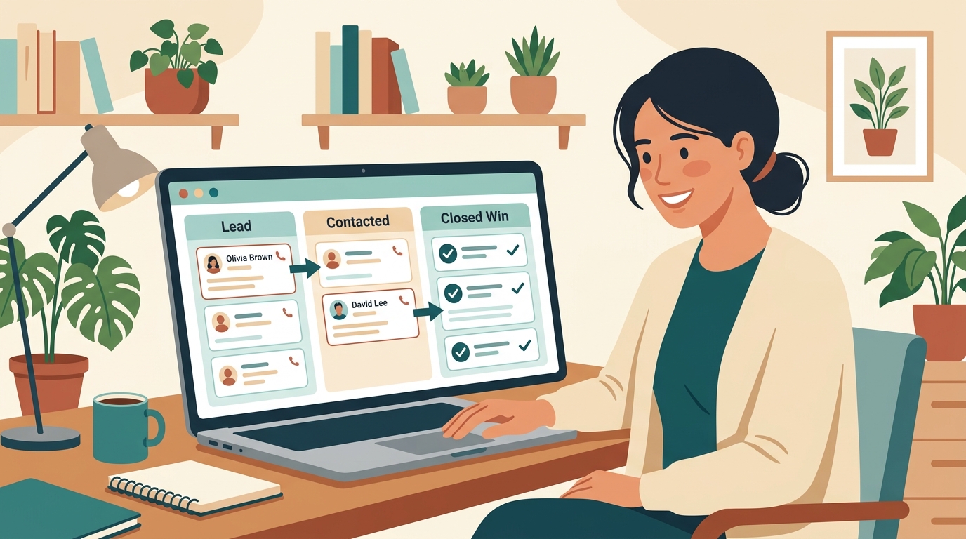 Small business owner watching a CRM dashboard automatically move customer leads through sales stages
