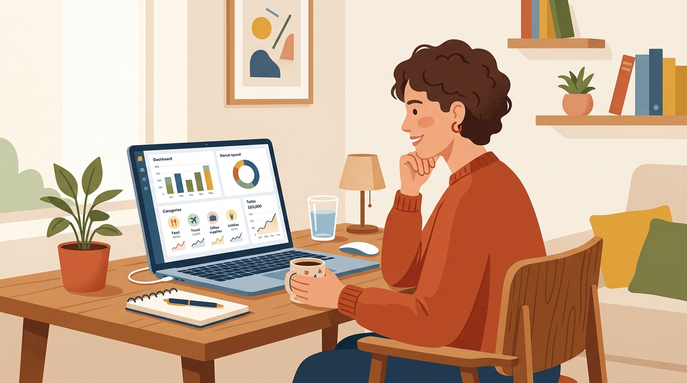 Small business owner reviewing an automated expense-tracking dashboard on a laptop