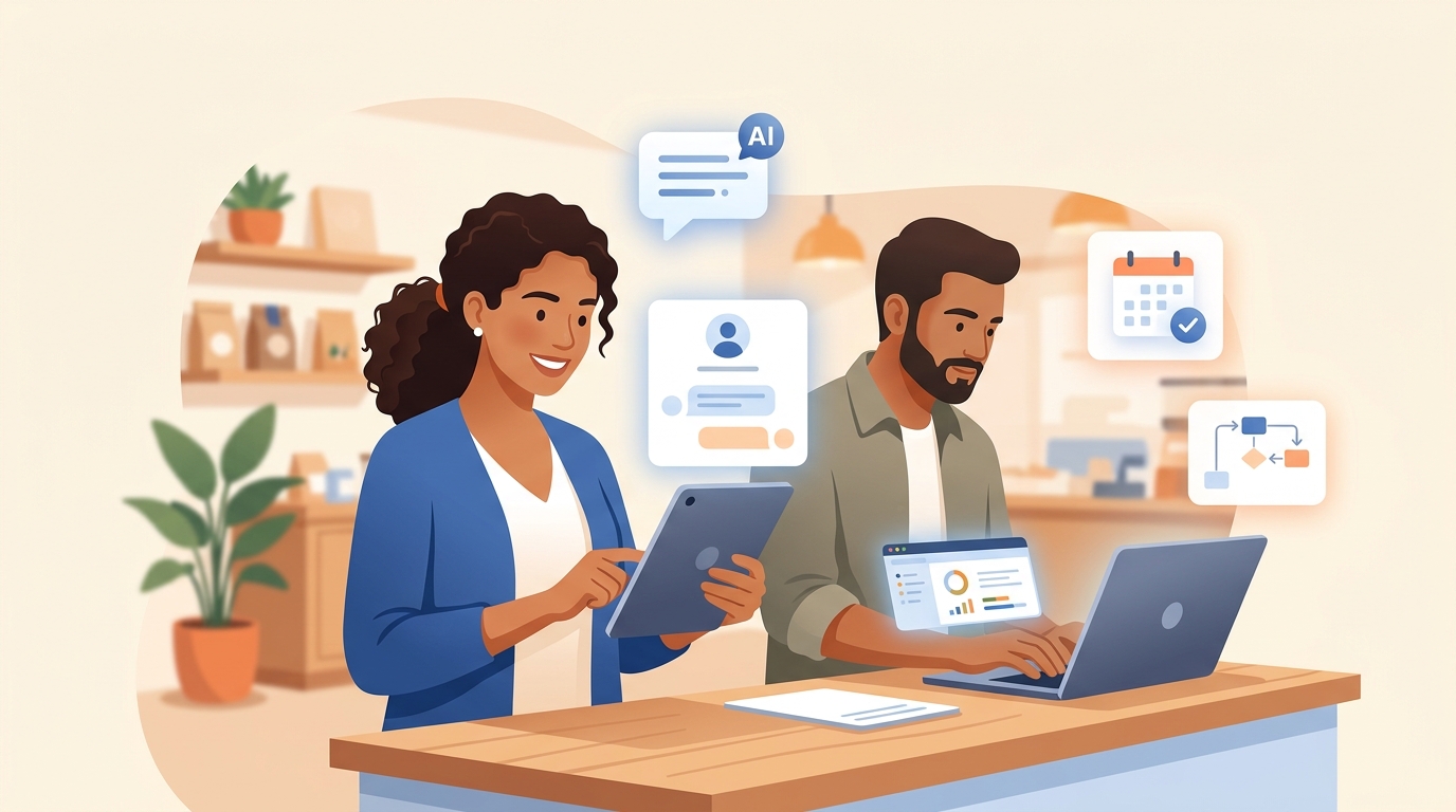 Small business owners using an AI chatbot and automation dashboard on a laptop and tablet at their shop counter