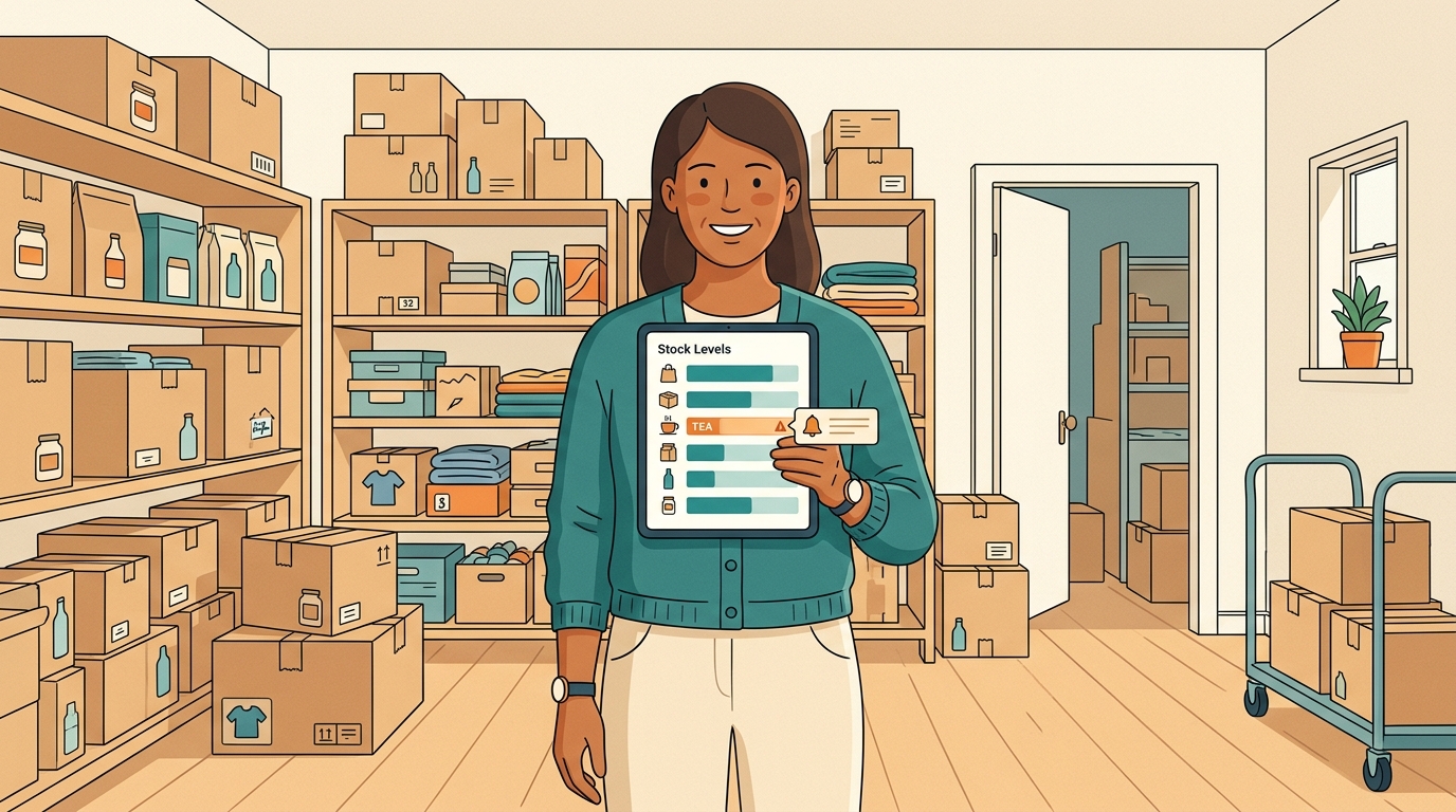 Small shop owner checking an AI-powered inventory dashboard with stock alerts on a tablet