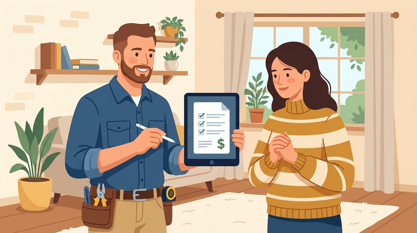 Contractor showing a customer an instant AI-generated price quote on a tablet