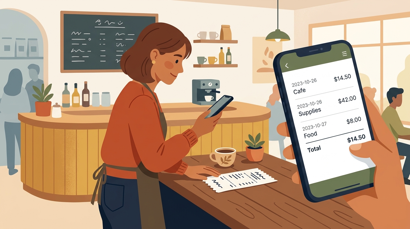 Small business owner photographing a paper receipt with a smartphone to log it automatically