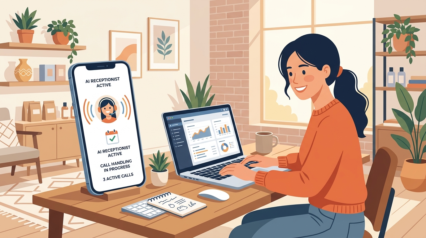 Small business owner monitoring an AI receptionist answering calls on a smartphone next to a laptop dashboard