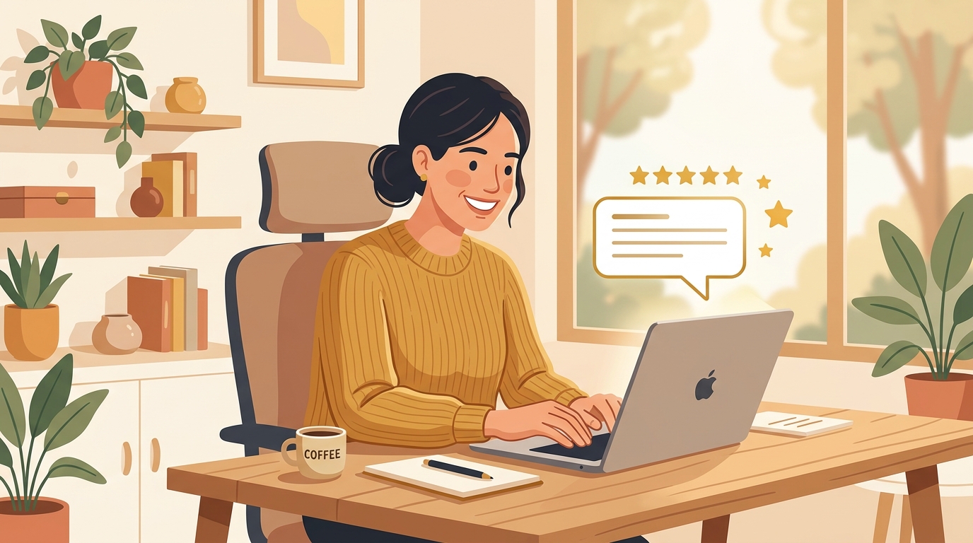 Small business owner smiling while replying to a five-star customer review on a laptop