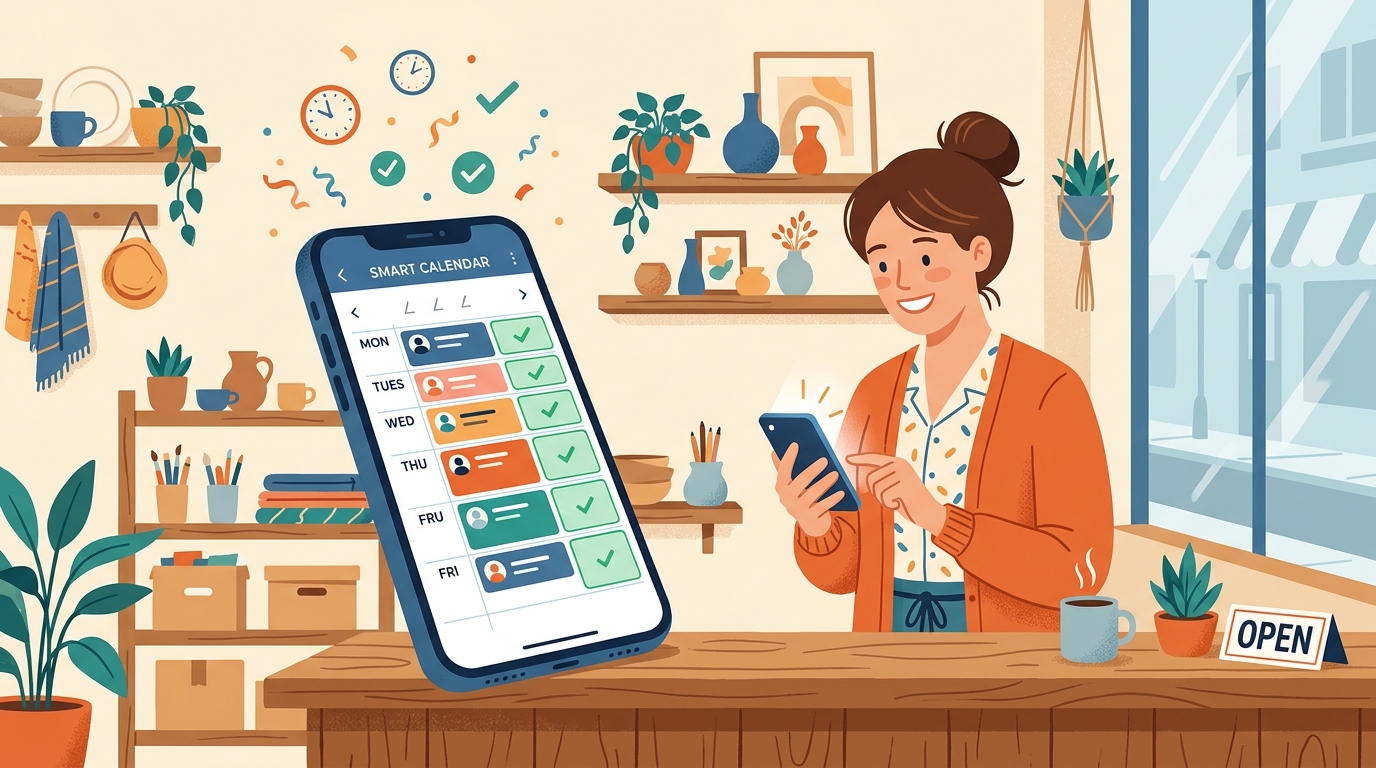 Small business owner using a smart calendar app that automatically fills appointment slots