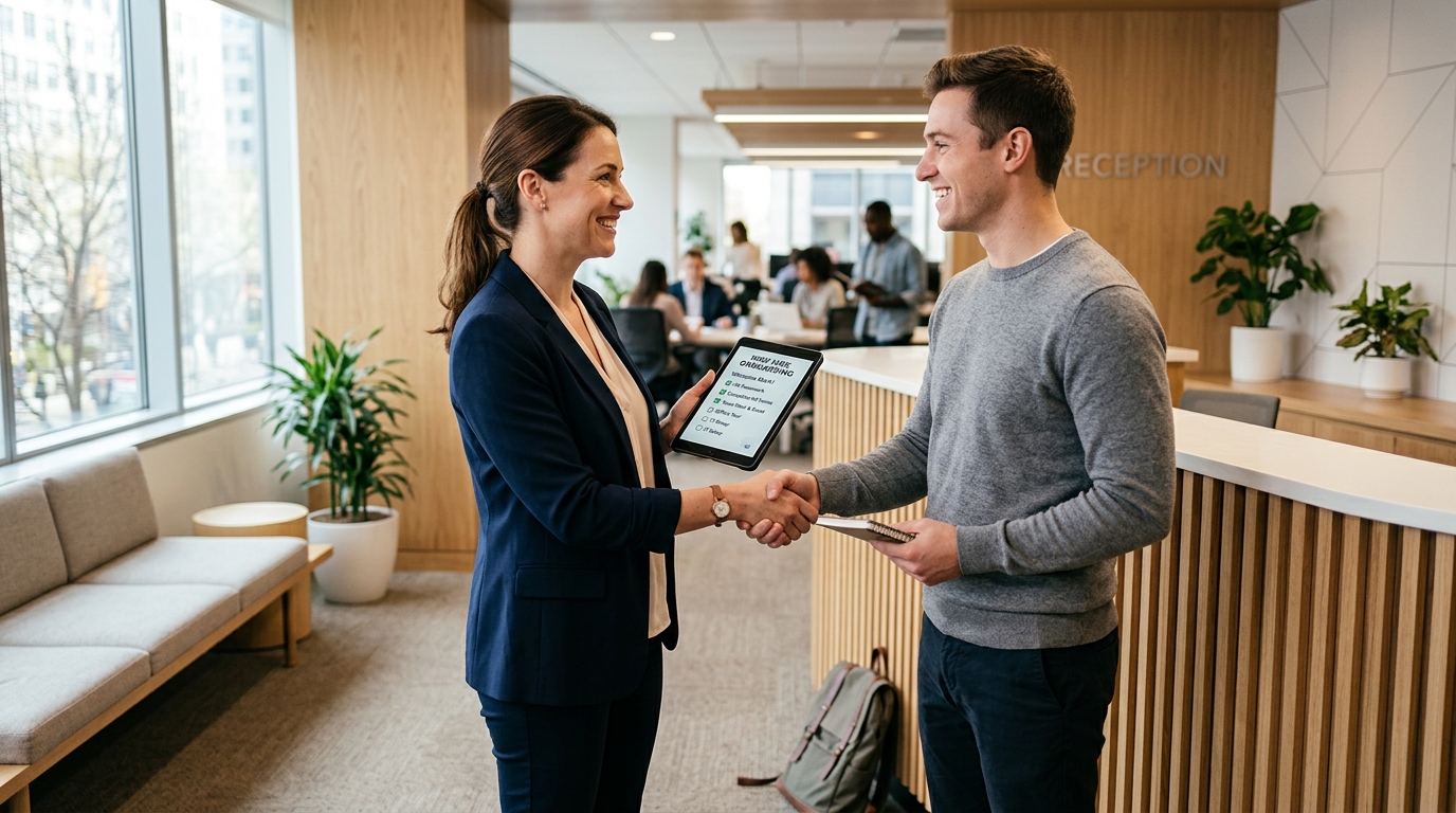 Small business manager welcoming a new hire with digital onboarding checklist on a tablet