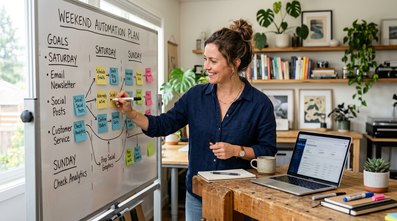 Small business owner mapping a simple weekend AI automation stack on a whiteboard with laptop nearby