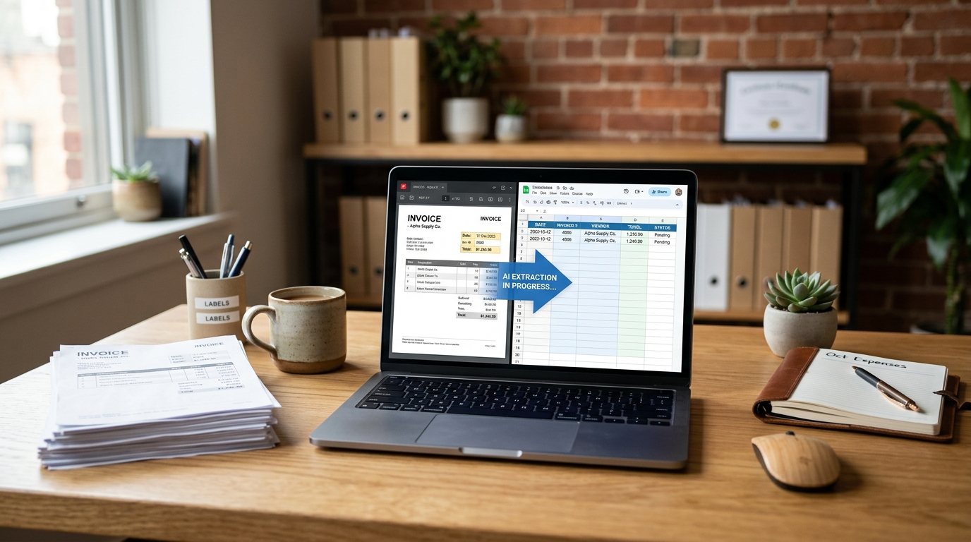 Office desk with invoices and a laptop showing AI extracting data from a PDF into a spreadsheet