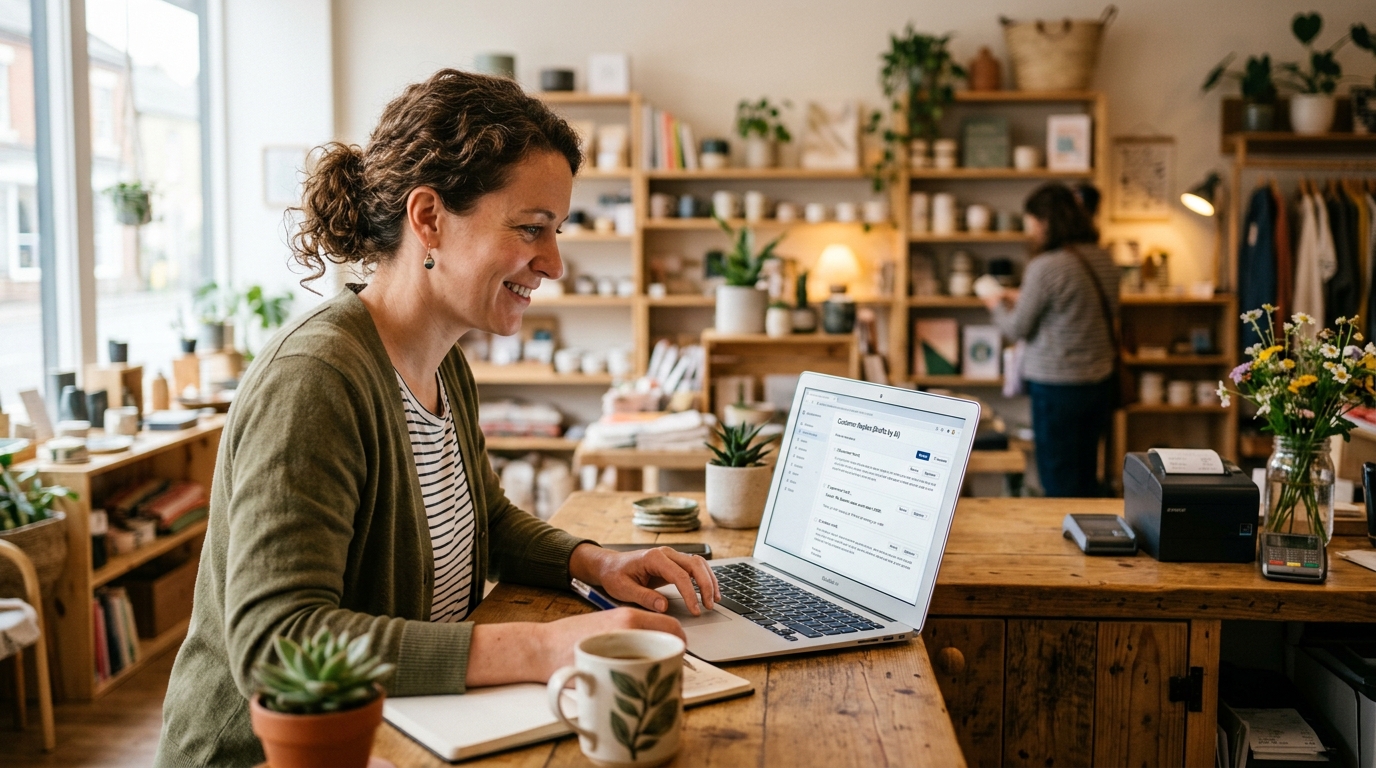 Small business owner reviewing AI-drafted customer email replies on a laptop at a shop counter