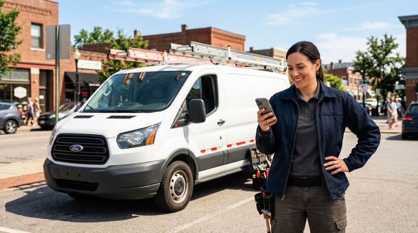 Service business owner checking qualified leads on a phone while standing near a work van