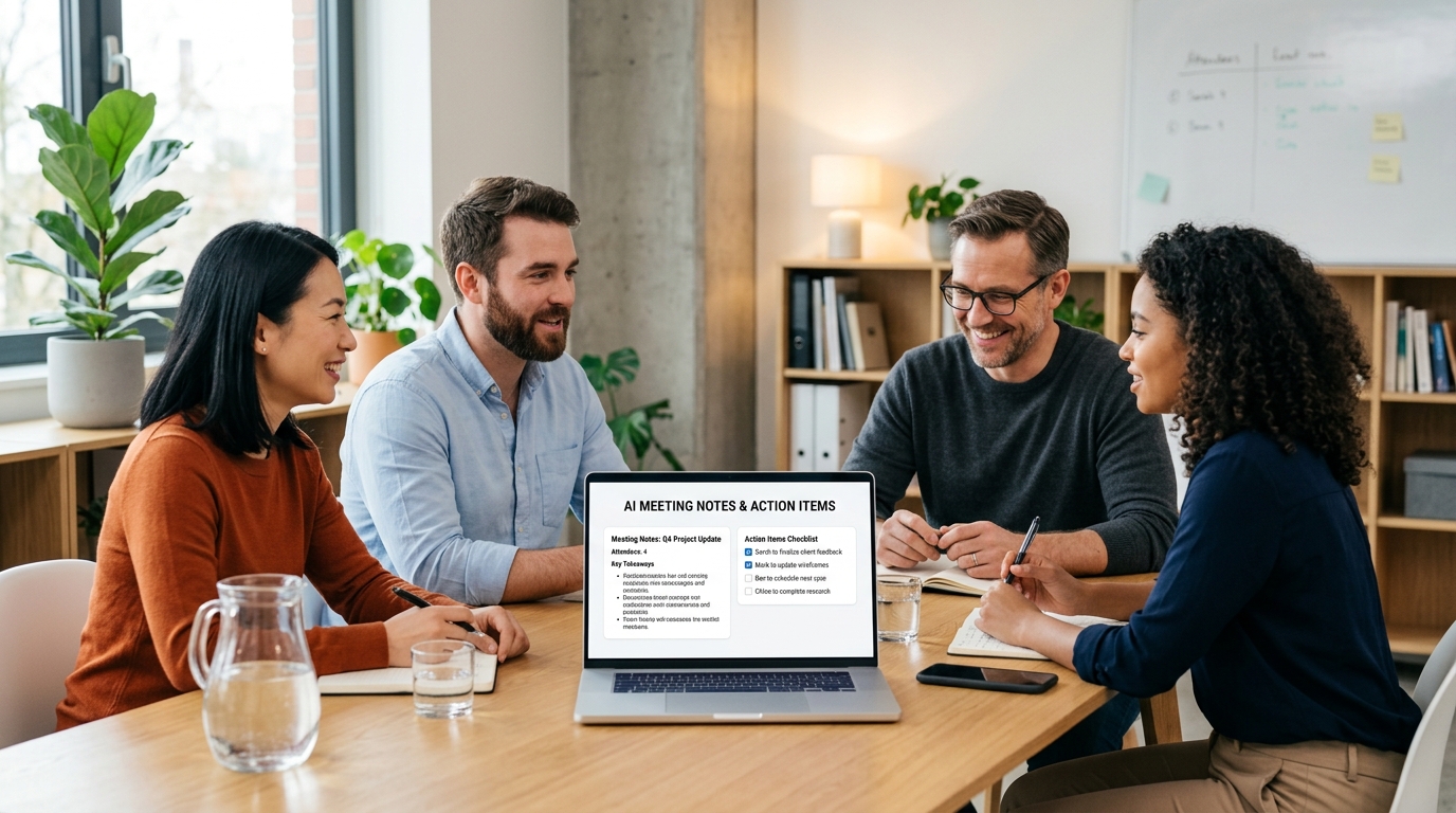 Small team finishing a meeting while AI notes and action items appear on a laptop screen
