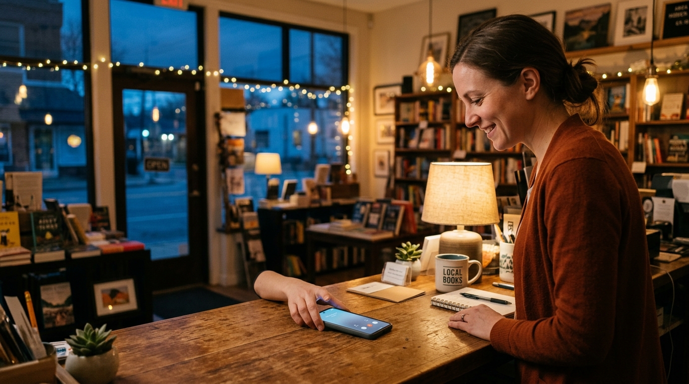 Small business phone receiving an after-hours call handled by an AI answering service on a countertop