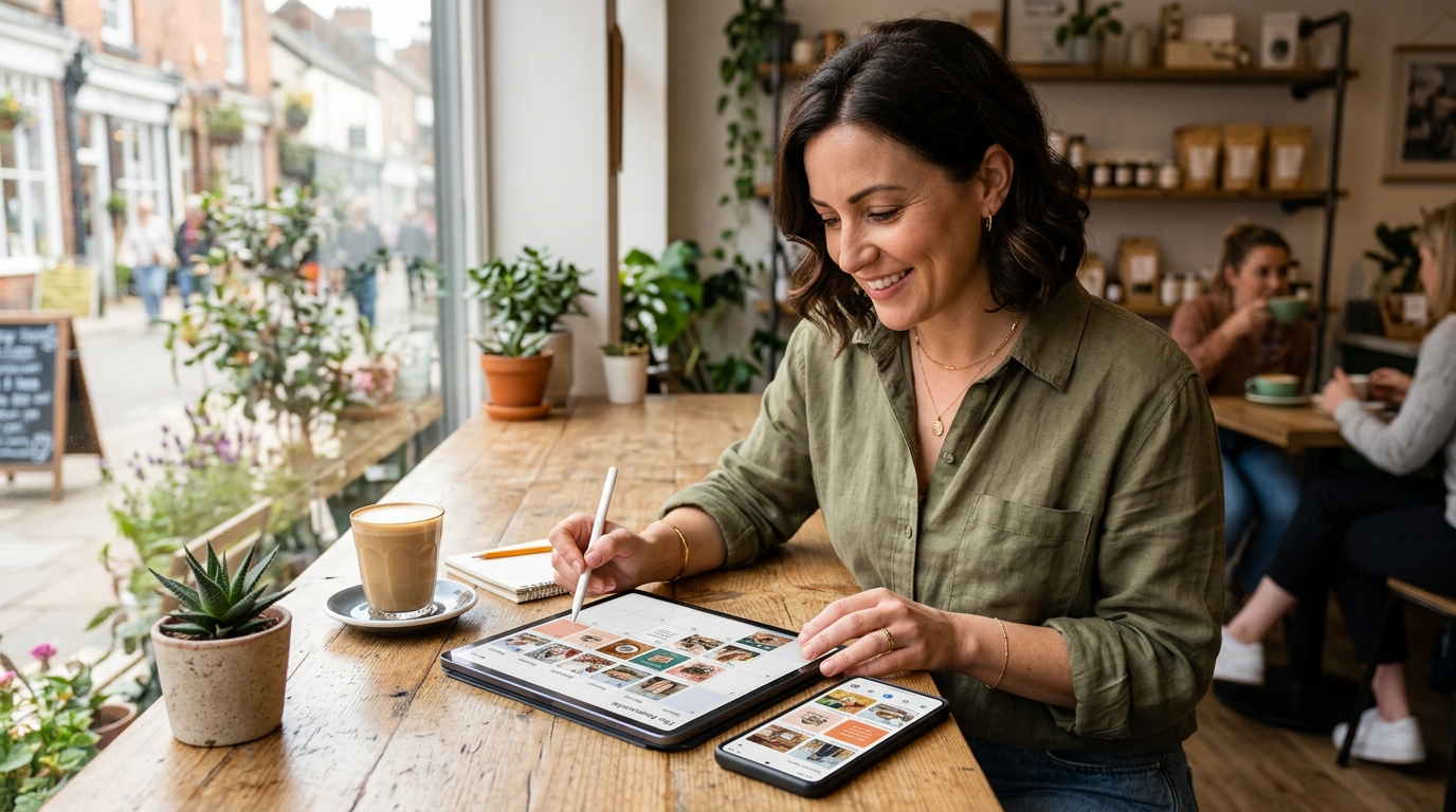 Cafe owner planning a week of social posts with an AI content tool on a tablet