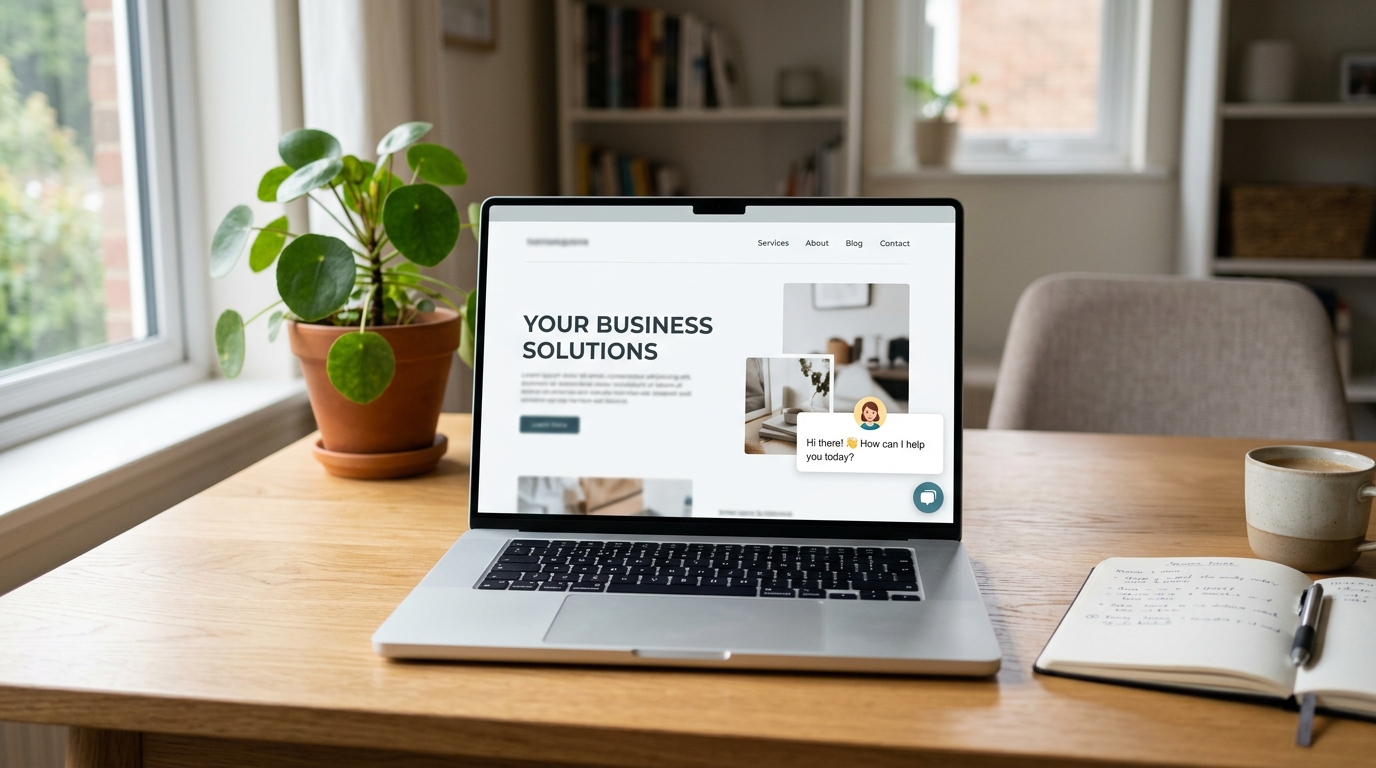 Website chatbot widget answering a customer question on a small business homepage
